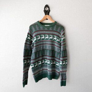 Aspen Men’s Fair Isle Sweater M Green Reindeer Christmas Holiday 100% Cotton